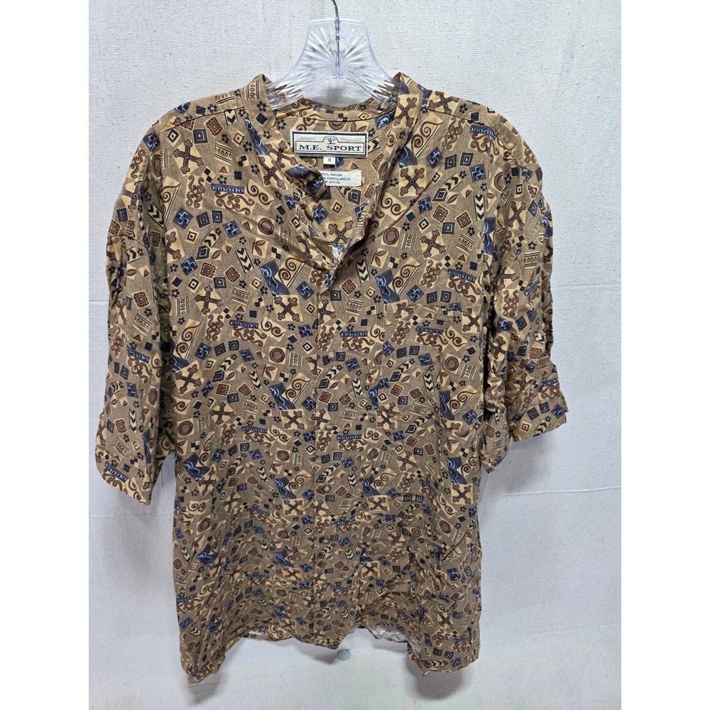 M.E. Sport Mens XL Brown Geometric Tribal Print Rayon Short Sleeve Button Shirt